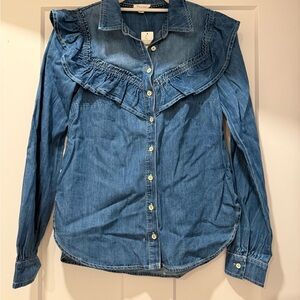 Pilcro Blue Button Down Shirt with Ruffle Detail